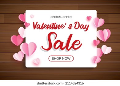Valentines day sale banner template with heart and text on wood background