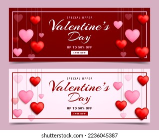 Valentines day sale banner template. Holiday shopping promotion background with red and pink heart elements. Discount promotions, shopping vouchers, special offers. Vector illustration