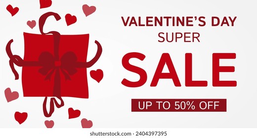 Valentine's day sale banner template with gift and heart icons. hand drawn style design. vector for greeting cards, posters, promotional media, social media, web