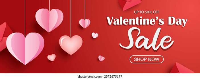 Valentines day sale banner template with heart and text on red background.
