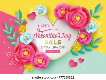 Valentines day sale banner template for social media advertising, invitation or poster design with paper art flowers background. Vector illustration