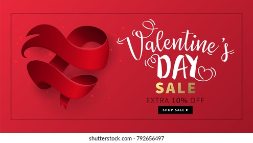 Valentines Day Sale Banner Template For Social Media Advertising Design With Realistic Heart Shape Ribbon. Vector Illustration