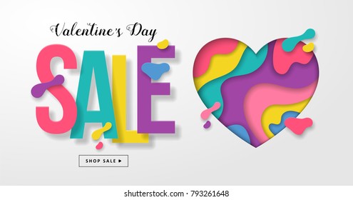 Valentines day sale banner template for social media advertising design with paper cut heart shape. Vector illustration