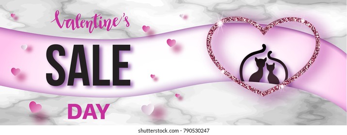 Valentines day sale banner in trendy paper art style with carved heart and couple of cats silhouette, romantic background with marble texture for holiday shopping, discount flyer template