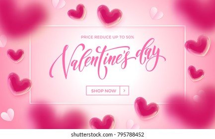 Valentines day sale banner of valentine balloon and paper hearts pattern on pink background. Vector Valentines day shop now discount promo banner design template Valentines day sale banner of valentine balloon and paper hearts pattern on pink background. Vector Valentines day shop now discount promo banner design template
