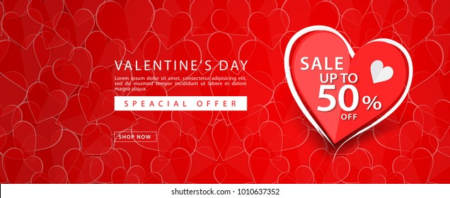 Valentine's day sale banner vector template, Valentines Heart sale tags, web banner design, Discount card,  promotion, flyer layout, ad, advertisement, printing media