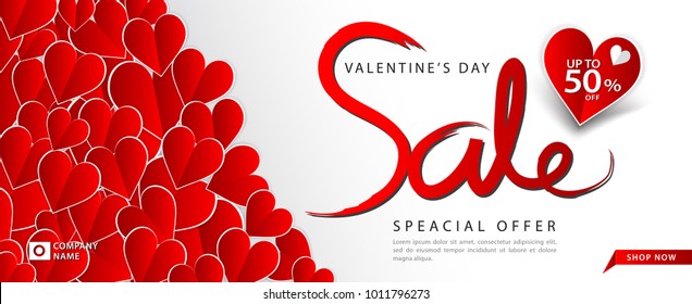 Valentine's day sale banner vector template, Valentines Heart sale tags, web banner design, Discount card,  promotion, flyer layout, ad, advertisement, printing media