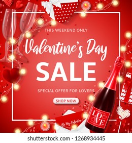 Valentine's Day sale banner. Vector illustration with top view on realistic bottle of champagne, glasses of champagne, gift boxes, garlands and confetti on red background. Promo seasonal offer.