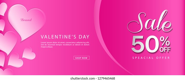 Valentine's day sale banner vector template, Valentines Heart sale tags, web banner design, Discount card,  promotion, flyer layout, ad, advertisement, printing media