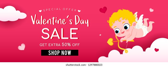 Valentine's Day Sale Banner Vector illustration. Cute Cupid holding bow and arrow above the sky