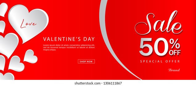 Valentine's day sale banner vector template, Valentines Heart sale tags, web banner design, Discount card,  promotion, flyer layout, ad, advertisement, printing media