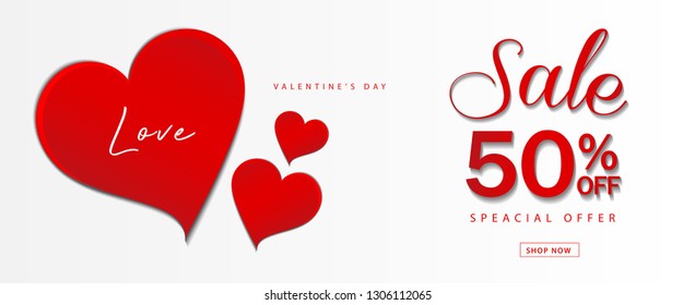 Valentine's day sale banner vector template, Valentines Heart sale tags, web banner design, Discount card,  promotion, flyer layout, ad, advertisement, printing media