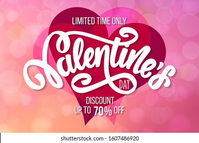 Valentine's day sale banner. Vector stock illustration. Festive concept of sale design template for shopping. Promo text and hand drawn lettering on pink background with bokeh and heart