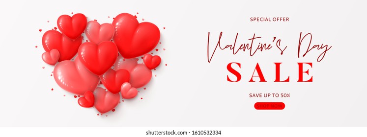 Valentine's Day sale banner. Vector illustration with realistic red and pink balloons and confetti on white background. Holiday greeting card.