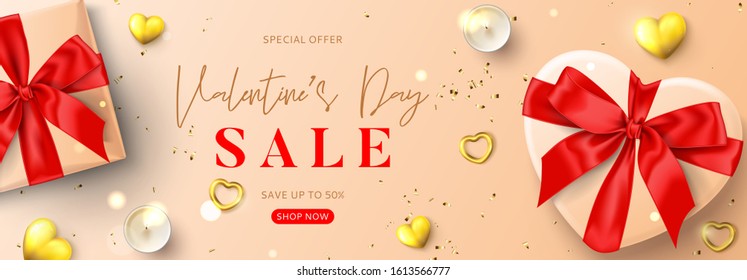 Valentine's Day sale banner. Vector illustration with realistic gift boxes, candles, gold hearts and golden confetti. Promo discount banner.