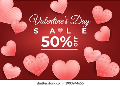 Valentines day sale banner vector illustration with realistic hearts