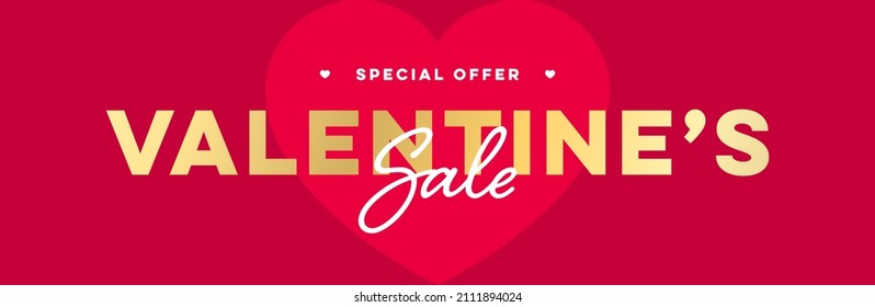 Valentine's Day Sale Banner. Vector Web Banner Design Template for Valentines Day Sale Promotion. Banner Advert with Gold Typography on Red Heart Background