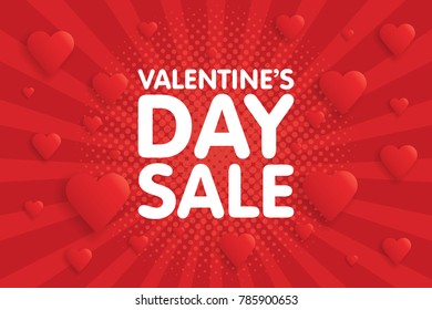 Valentine's Day Sale Banner in Vintage comics retro Background With Hearts. Vector illustration