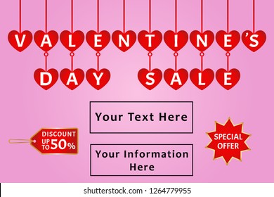 Valentine's day sale banner with white letters on red hearts, discount and special offer labels on a pink background. An elegant design for shop and sale banners, flyers, brochure, posters.