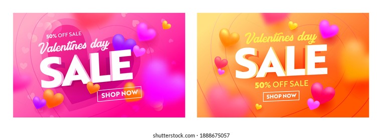 Valentines Day Sale Banners with Abstract Pattern of Hearts. Shop Now Social Media Marketing Promo for Holiday Valentine. Hot Sale Offer Shopping Posters, Best Seller Advertising. Vector Illustration