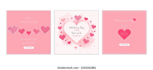 Valentine's Day sale banners for e-commerce and social media store. Pink minimal and modern design. Vector illustration with cute hearts.
