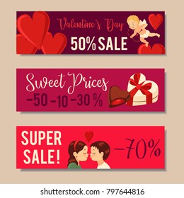 Valentine's Day Sale Banners, Sale headers Design. Vector illustration