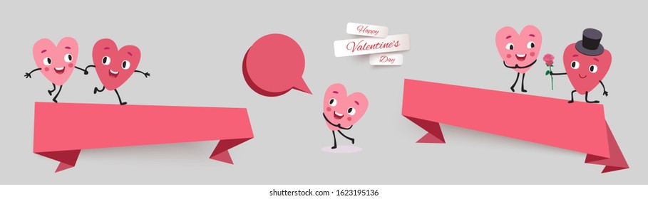 Valentines day sale banners, set paper cut ribbon with funny characters animated hearts. Collection of advertising vector stickers for holiday promotions and discounts