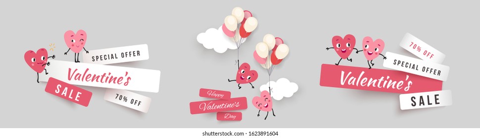 Valentines day sale banners, set paper cut ribbon with funny characters animated hearts. Collection of advertising vector stickers for holiday promotions and discounts