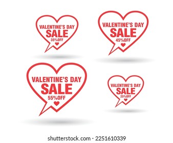 Valentines day sale bubble heart tag set. Sale 25%, 35%, 45%, 55% off discount. Vector illustration