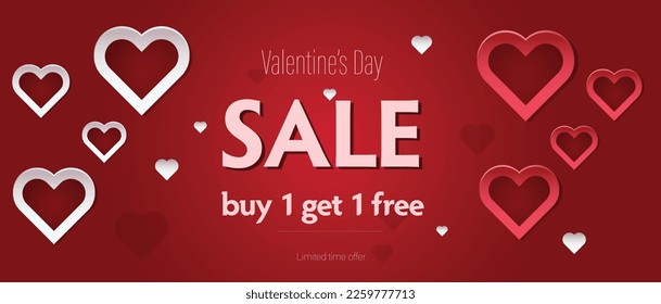 Valentine's day sale. Buy one get one free promotion banner. Hearts and season of love. Sale event vector illustration.