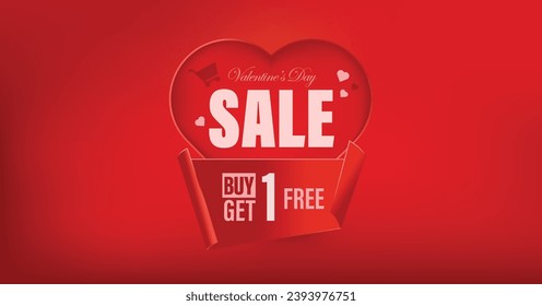 Valentines Day Sale, Buy One Get One Free. BOGO Promotional banner. Heart on red background. Promotion and shopping template.