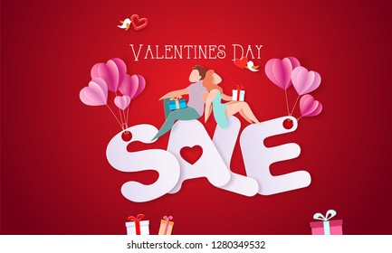 Valentines day sale card with couple sitting on big letters SALE on red sky background. Vector paper art illustration. Paper cut style.