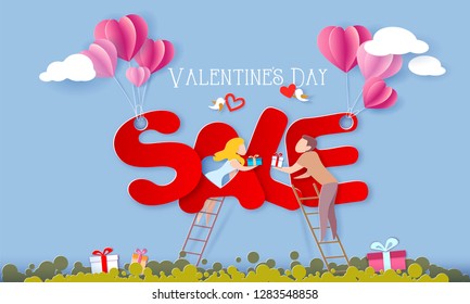 Valentines day sale card with couple over big letters SALE on blue sky background. Vector paper art illustration. Paper cut style.