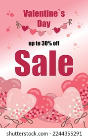 Valentines day sale card with heart shape balloons on a gradient background. Hand drawn design. Vector illustration