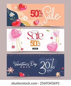 Valentine's day sale clipart banner set design. Valentine's day special offer limited time discount clip art for valentine shopping coupon collection. Vector illustration hearts day promotion template