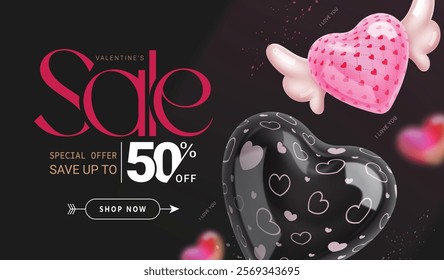 Valentine's day sale clipart banner design. Happy valentine's sale text with inflatable balloons for hearts day shopping vouchers in black background. Vector illustration valentine promotion 