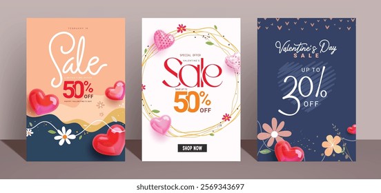 Valentine's day sale clipart poster set design. Hearts day limited time special offer discount clip art for valentine shopping coupon collection. Vector illustration valentine's day promotion template