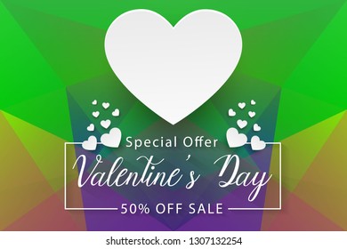 Valentines day sale, colorful low poly paper art background with white heart, vector, illustration, eps file