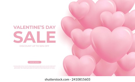 Valentine's Day Sale commercial banner with 3d pink glossy hearts for holiday shopping promotion. Valentines Day discount banner. Vector illustration.