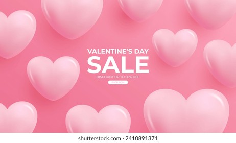 Valentine's Day Sale commercial banner with cute 3d pink glossy hearts for holiday shopping promotion. Valentines Day discount banner. Vector illustration.