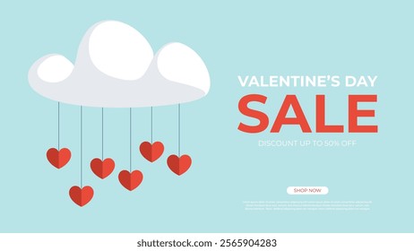 Valentine's Day Sale commercial banner for holiday discount shopping promotion. White cloud with red hearts. Vector illustration.	