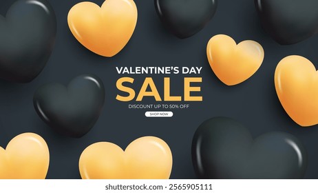 Valentine's Day Sale commercial banner with cute 3d glossy hearts for February 14 holiday shopping promotion. Black and gold colors. Vector illustration.