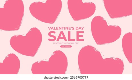 Valentine's Day Sale commercial banner for February 14 holiday discount shopping promotion. Pink colored brush stroke heart shapes. Vector illustration.