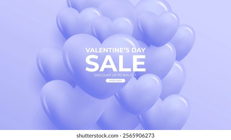 Valentine's Day Sale commercial banner with cute 3d glossy hearts for February 14 holiday shopping promotion. Blue color. Vector illustration.