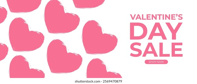 Valentine's Day Sale commercial banner for February 14 holiday discount shopping promotion. Pink colored brush stroke heart shapes on white background. Vector illustration.