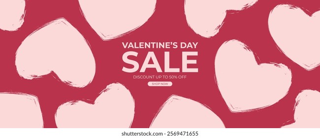 Valentine's Day Sale. Commercial banner for February 14 holiday discount shopping promotion. Pink colored brush stroke heart shapes on red background. Vector illustration.