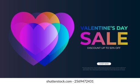 Valentine's Day Sale commercial banner with bright gradient hearts for February 14 holiday shopping promotion. Vector illustration.