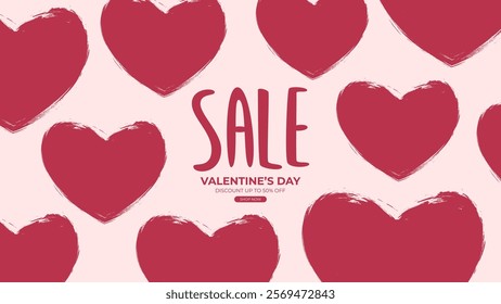 Valentine's Day Sale. Commercial banner for February 14 holiday discount shopping promotion. Hand lettering and red colored brush stroke hearts on pink background. Vector illustration.