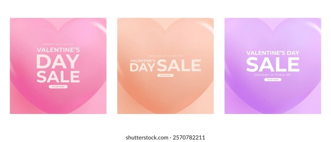 Valentine's Day Sale commercial set with cute 3d glossy hearts for February 14 holiday shopping promotion. Vector illustration.