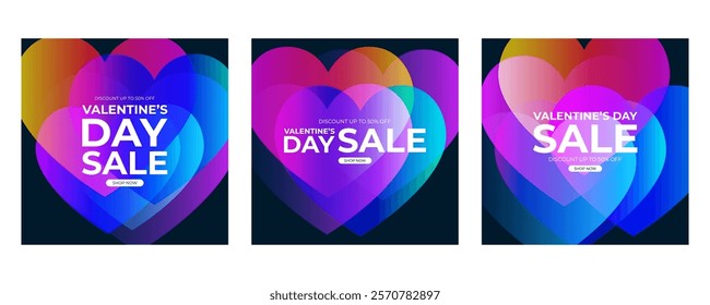 Valentine's Day Sale commercial set with bright gradient hearts for February 14 holiday shopping promotion. Vector illustration.